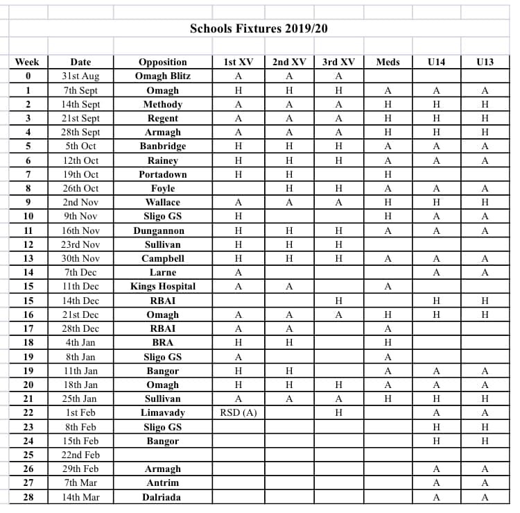 Rugby Season Fixture List 20192020 Enniskillen Royal Grammar School