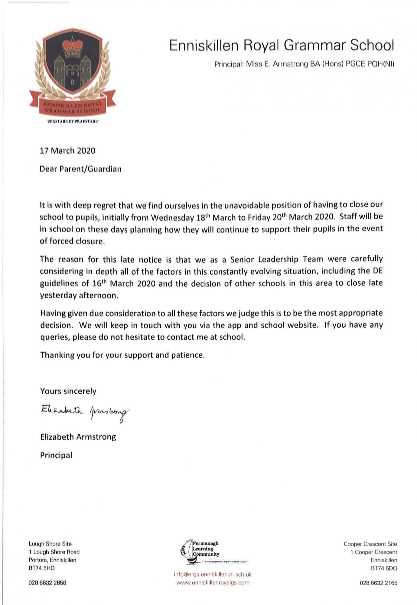 SCHOOL CLOSURE NOTICE Enniskillen Royal Grammar School